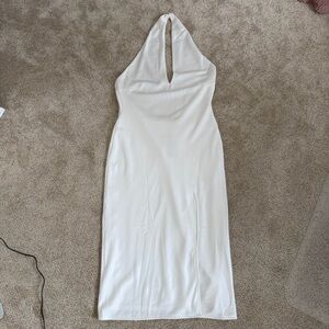 NWT Lulu's White Satin Backless Halter Plunge Neck Midi Dress